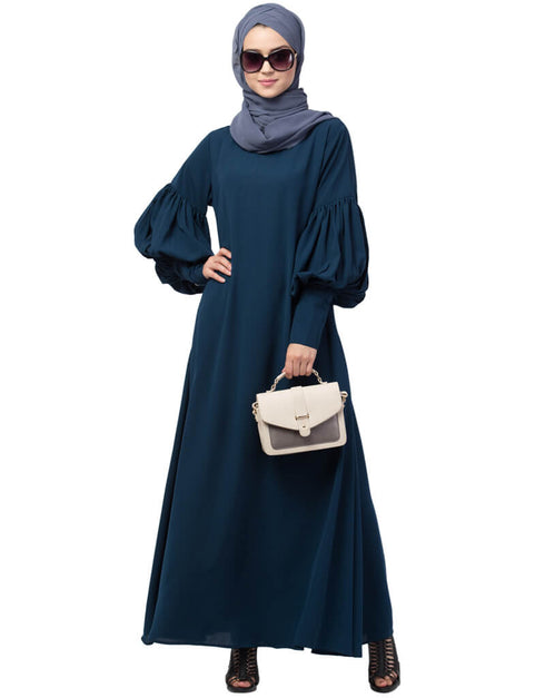Chic Long cuff full balloon sleeve with belt A line Abaya Teal