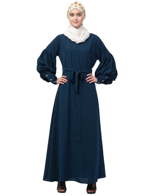 Chic Long cuff full balloon sleeve with belt A line Abaya Teal