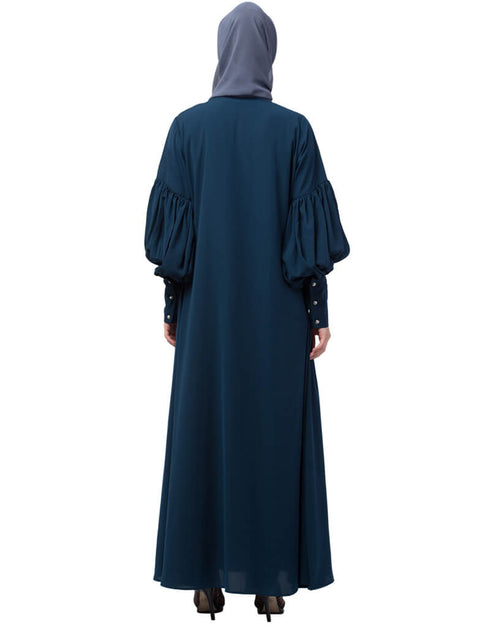 Chic Long cuff full balloon sleeve with belt A line Abaya Teal
