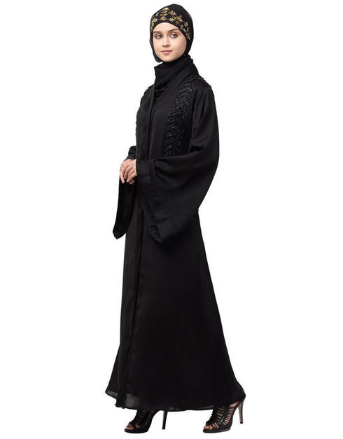 Trendy Hand work front and back Front open Dubai Abaya Black