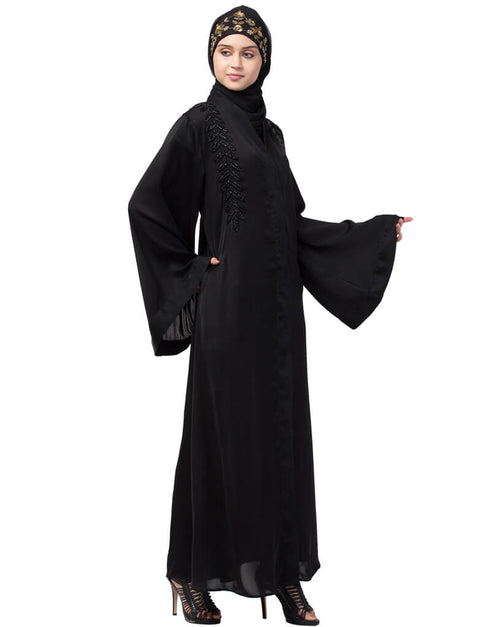 Trendy Hand work front and back Front open Dubai Abaya Black