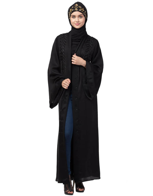 Trendy Hand work front and back Front open Dubai Abaya Black