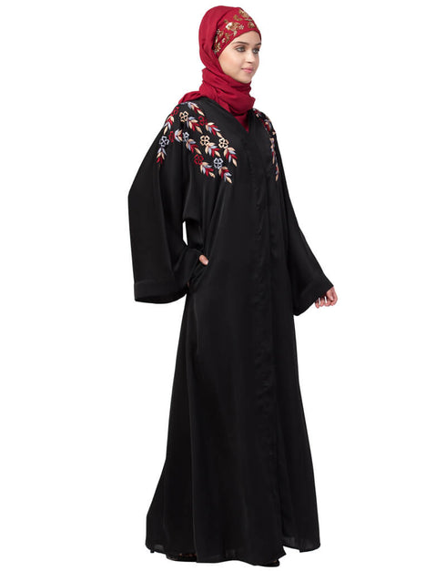 Modern Resham embroidery front open Dubai abaya Black