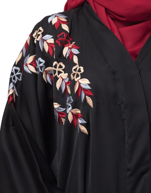 Modern Resham embroidery front open Dubai abaya Black