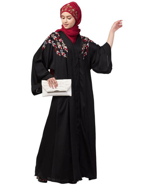 Modern Resham embroidery front open Dubai abaya Black