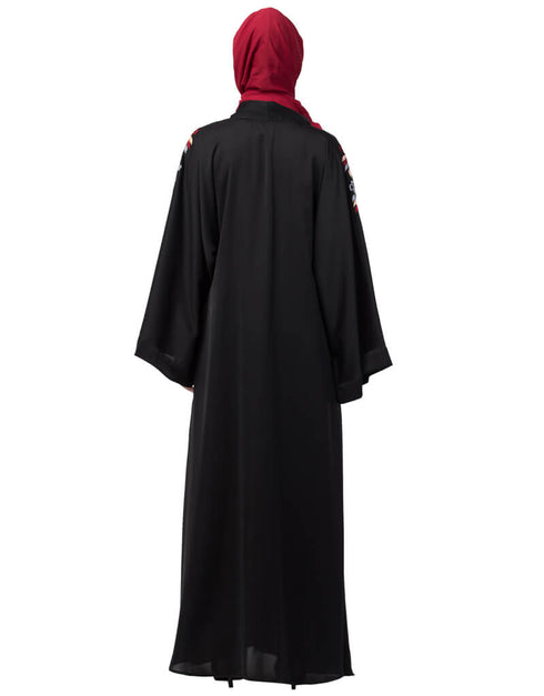 Modern Resham embroidery front open Dubai abaya Black