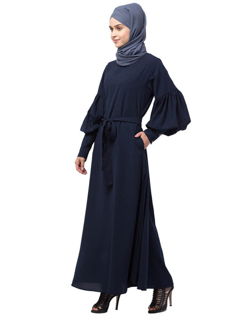 Dubai Long cuff full balloon sleeve with belt A line Abaya Navy Blue