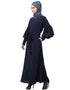 Dubai Long cuff full balloon sleeve with belt A line Abaya Navy Blue