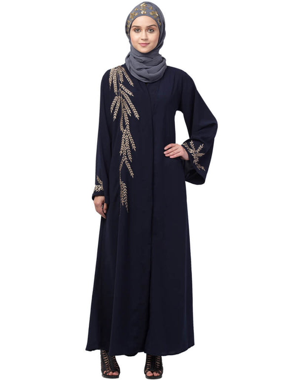 Muslim One side and sleeve Resham Embroidery front open Abaya  Navy Blue