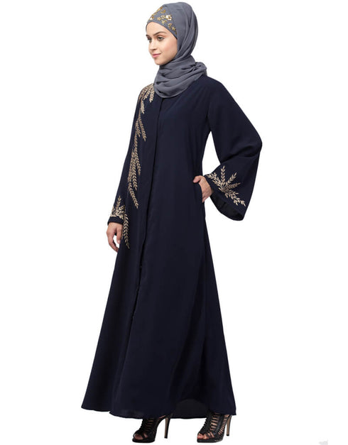 Muslim One side and sleeve Resham Embroidery front open Abaya Navy Blue