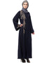 Muslim One side and sleeve Resham Embroidery front open Abaya Navy Blue