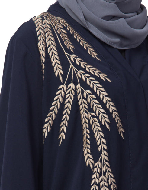 Muslim One side and sleeve Resham Embroidery front open Abaya Navy Blue