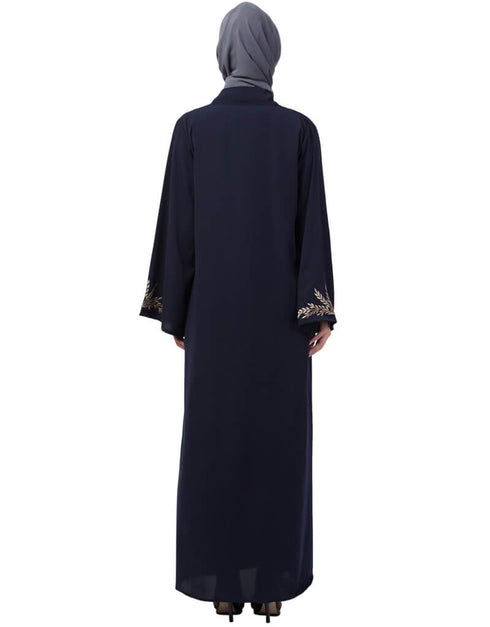 Muslim One side and sleeve Resham Embroidery front open Abaya Navy Blue