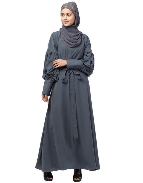 Modest Long cuff full balloon sleeve with belt A line Abaya Grey