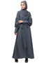 Modest Long cuff full balloon sleeve with belt A line Abaya Grey