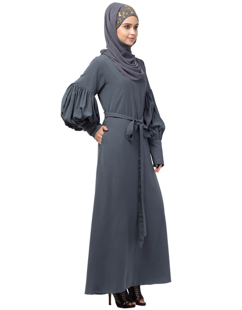 Modest Long cuff full balloon sleeve with belt A line Abaya Grey