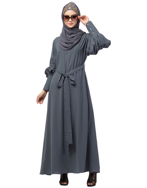 Modest Long cuff full balloon sleeve with belt A line Abaya Grey