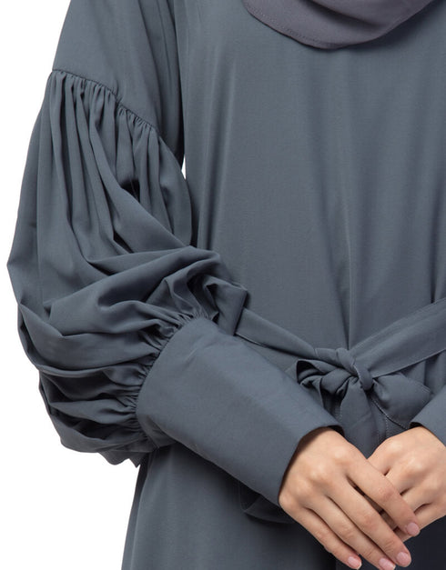 Modest Long cuff full balloon sleeve with belt A line Abaya Grey