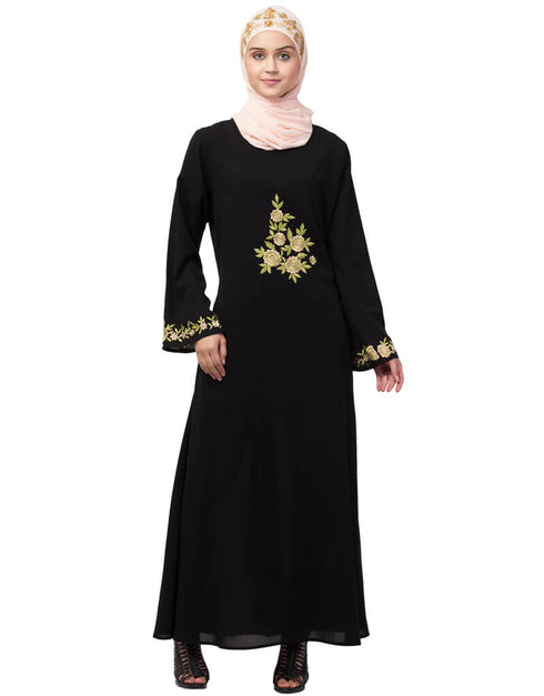 Islamic Front and sleeve embroidery A line Abaya Black