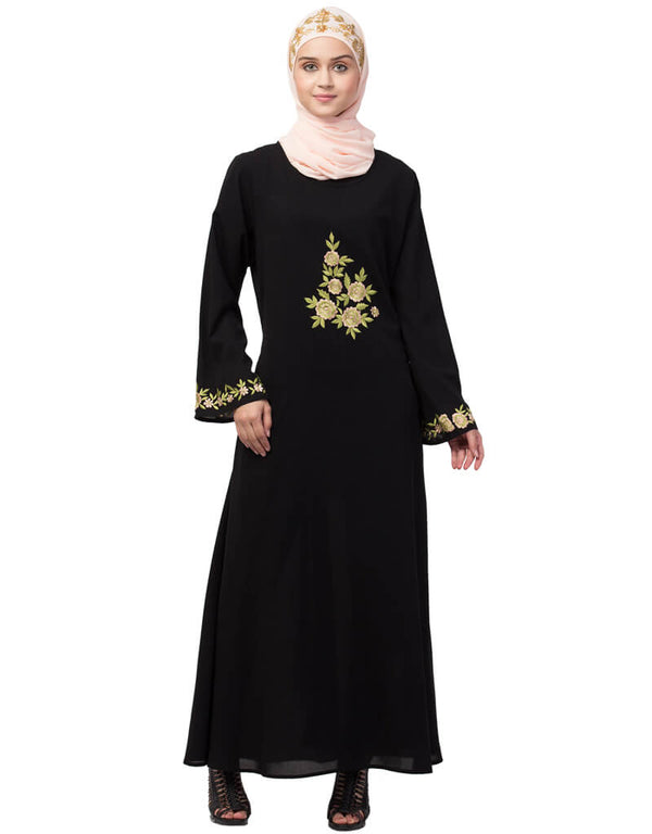 Islamic Front and sleeve embroidery A line Abaya Black