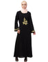 Islamic Front and sleeve embroidery A line Abaya Black