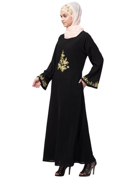 Islamic Front and sleeve embroidery A line Abaya Black