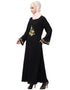 Islamic Front and sleeve embroidery A line Abaya Black