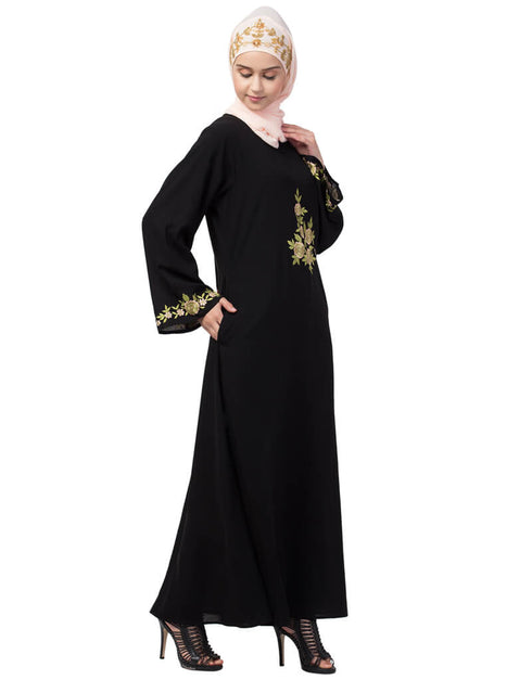 Islamic Front and sleeve embroidery A line Abaya Black