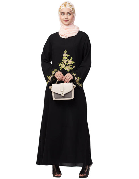 Islamic Front and sleeve embroidery A line Abaya Black