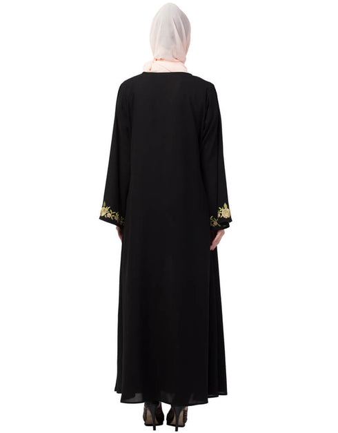 Islamic Front and sleeve embroidery A line Abaya Black
