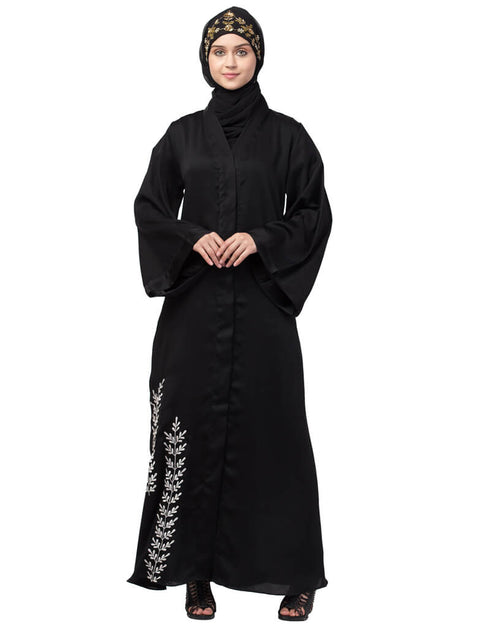 Arabic Side embroidery at bottom front open Dubai Abaya Black
