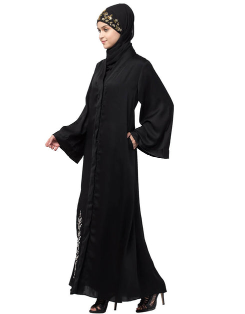 Arabic Side embroidery at bottom front open Dubai Abaya Black