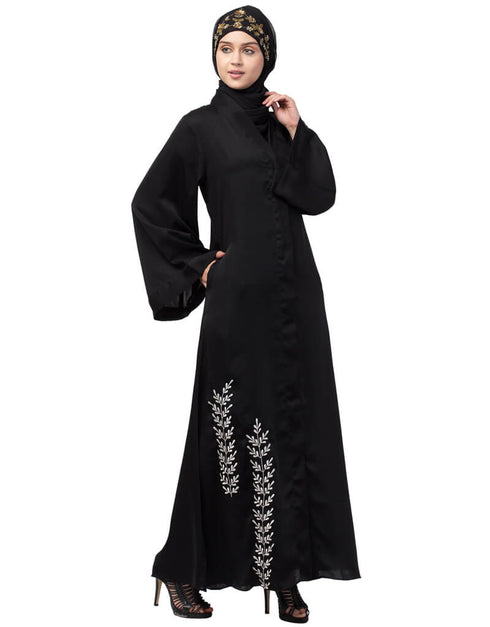 Arabic Side embroidery at bottom front open Dubai Abaya Black