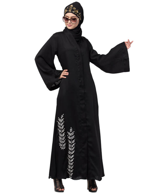 Arabic Side embroidery at bottom front open Dubai Abaya Black