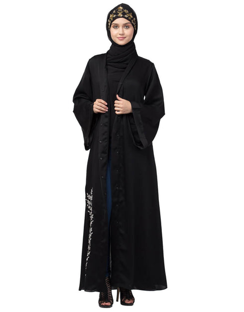 Arabic Side embroidery at bottom front open Dubai Abaya Black