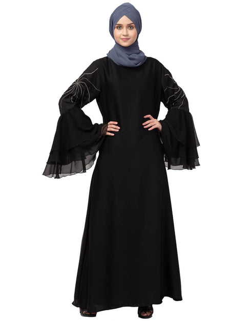Women 3 Bell Sleeve embroidered Abaya Black