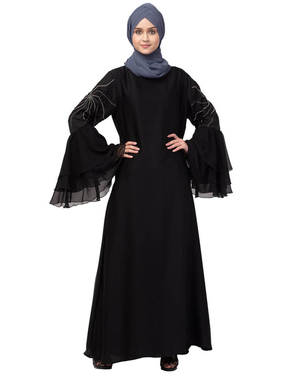 Women 3 Bell Sleeve embroidered Abaya Black
