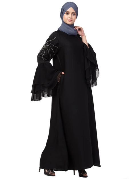 Women 3 Bell Sleeve embroidered Abaya Black