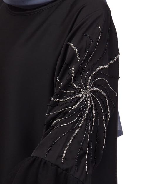 Women 3 Bell Sleeve embroidered Abaya Black
