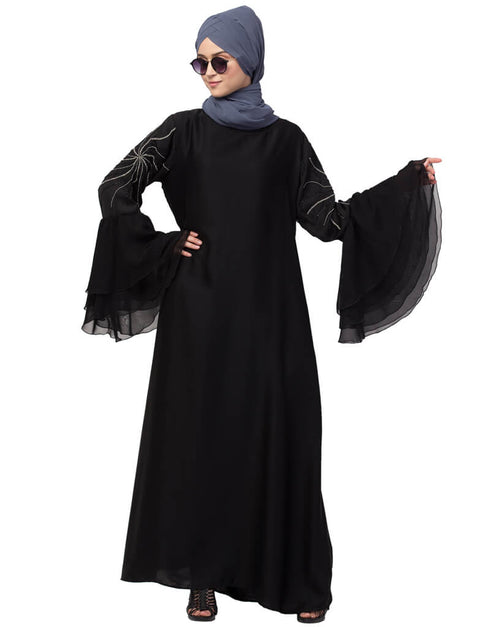 Women 3 Bell Sleeve embroidered Abaya Black