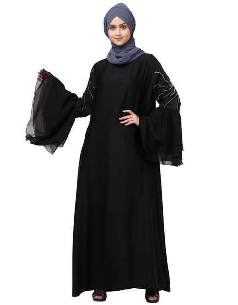 Women 3 Bell Sleeve embroidered Abaya Black