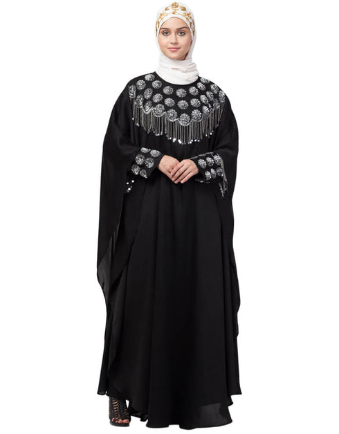 Muslimah Double layers hand embroidered with tassel wedding kaftan cum abaya Black