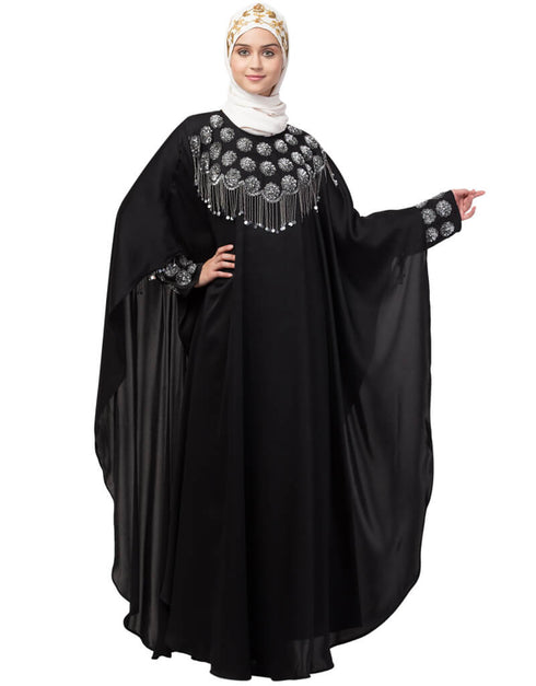 Muslimah Double layers hand embroidered with tassel wedding kaftan cum abaya Black