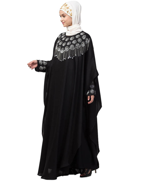 Muslimah Double layers hand embroidered with tassel wedding kaftan cum abaya Black