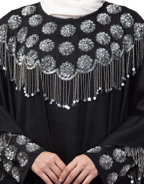 Muslimah Double layers hand embroidered with tassel wedding kaftan cum abaya Black
