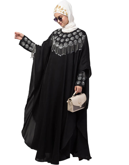 Muslimah Double layers hand embroidered with tassel wedding kaftan cum abaya Black