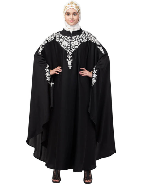 Modern Front to back and hand opening Resham Embroidery Irani Kaftan Black