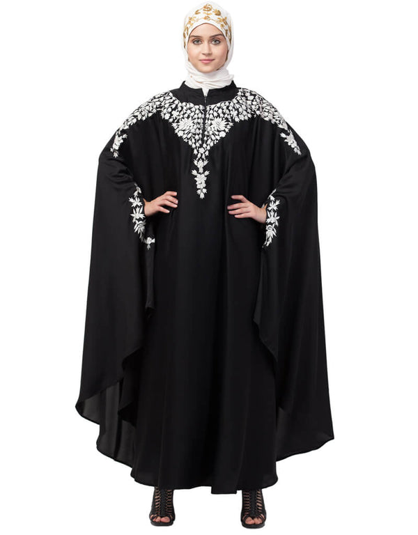 Modern Front to back and hand opening Resham Embroidery Irani Kaftan Black