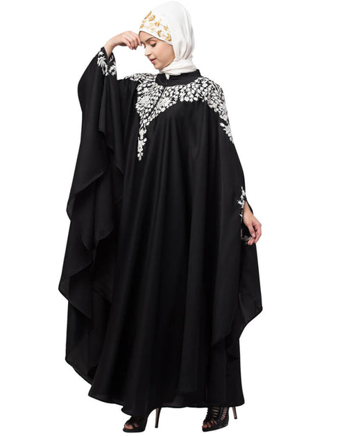 Modern Front to back and hand opening Resham Embroidery Irani Kaftan Black