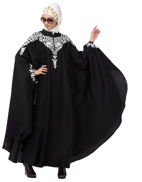 Modern Front to back and hand opening Resham Embroidery Irani Kaftan Black